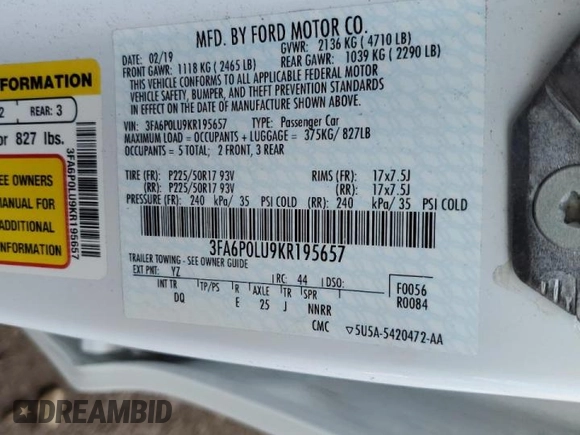 2019 Ford Fusion Hybrid SE with VIN 3FA6P0LU9KR195657, listed as a Copart auction lot 65602392 with 47,160 mi miles. Bid and sale history available at carsss.com. Image 10.