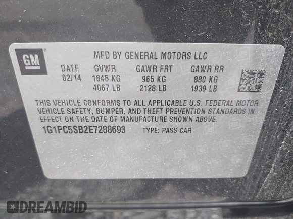 2014 Chevrolet Cruze 1LT with VIN 1G1PC5SB2E7288693, listed as a IAAI auction lot 42728884 with 149,050 mi miles and . Bid and sale history available at DreamBid. Image 9.