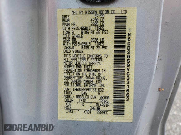 2000 Nissan Frontier XE with VIN 1N6DD26S9YC331662, listed as a Copart auction lot 56790225 with 180,272 mi miles and Clean title. Bid and sale history available at DreamBid. Image 12.