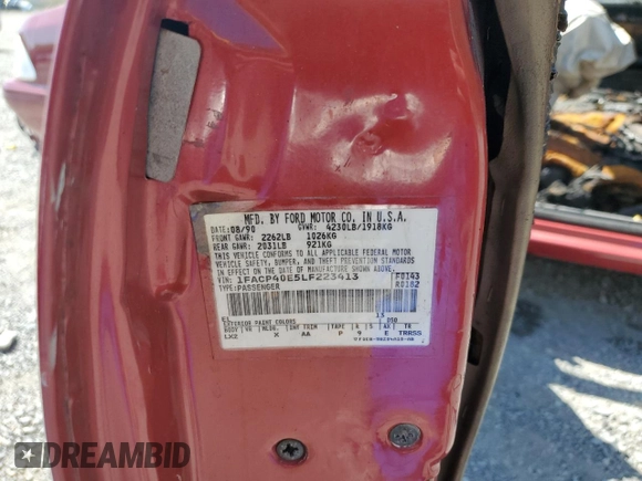 1990 Ford Mustang with VIN 1FACP40E5LF223413, listed as a Copart auction lot 62114315 with Not provided miles and Salvage title. Bid and sale history available at DreamBid. Image 12.