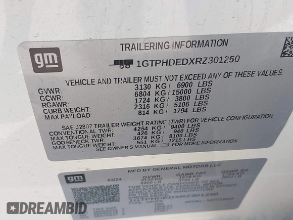 2024 GMC Sierra 1500 SLT with VIN 1GTPHDEDXRZ301250, listed as a IAAI auction lot 41445090 with 16,551 mi miles and . Bid and sale history available at DreamBid. Image 9.