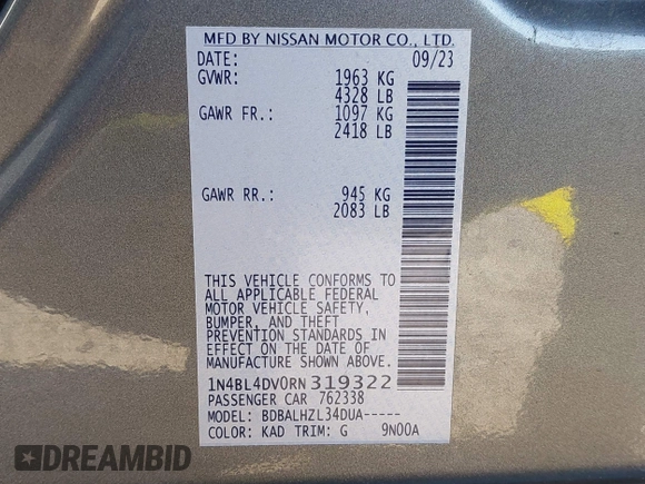 2024 Nissan Altima SV with VIN 1N4BL4DV0RN319322, listed as a IAAI auction lot 41988599 with 36,148 mi miles and . Bid and sale history available at DreamBid. Image 9.