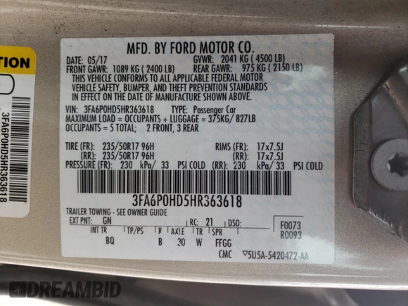 2017 Ford Fusion SE with VIN 3FA6P0HD5HR363618, listed as a Copart auction lot 51676454 with 92,710 mi miles and . Bid and sale history available at DreamBid. Image 12.