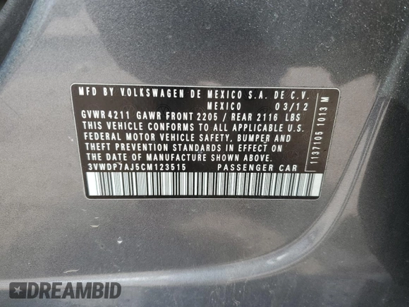 2012 Volkswagen Jetta Sedan SE w/Convenience PZEV with VIN 3VWDP7AJ5CM123515, listed as a Copart auction lot 47457175 with 150,954 mi miles and Salvage Title. Bid and sale history available at carsss.com. Image 12.