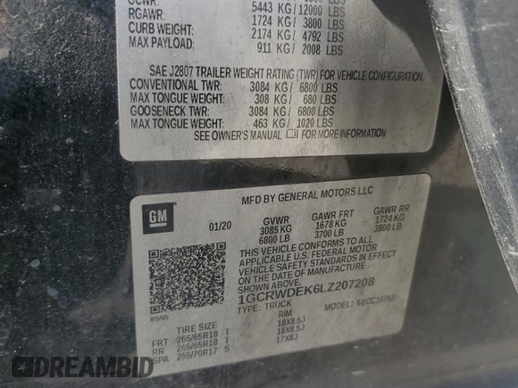 2020 Chevrolet Silverado 1500 RST with VIN 1GCRWDEK6LZ207208, listed as a Copart auction lot 47446095 with 72,865 mi miles and Salvage Title. Bid and sale history available at carsss.com. Image 12.