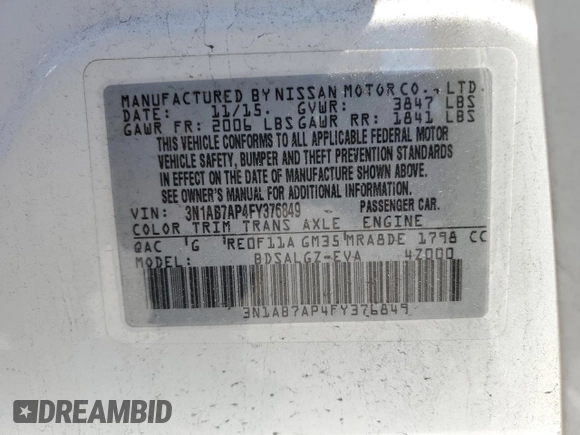 2015 Nissan Sentra SL z VIN 3N1AB7AP4FY376849, wystawiony jako Copart lot #58924185 z przebiegiem 86 856 mil mil oraz Szkoda całkowita • Salvage title. Historia ofert i sprzedaży dostępna na DreamBid. Obrazek 12.