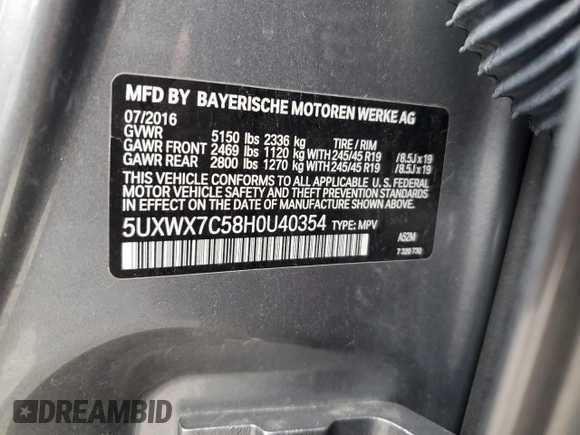 2017 BMW X3 xDrive35i with VIN 5UXWX7C58H0U40354, listed as a Copart auction lot 52769395 with 67,047 mi miles and Salvage Title. Bid and sale history available at DreamBid. Image 15.