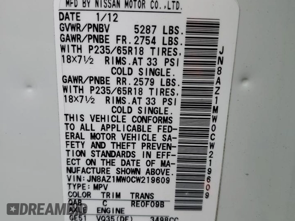 2012 Nissan Murano SV with VIN JN8AZ1MW0CW219609, listed as a Copart auction lot 50136455 with 98,878 mi miles and Salvage Title. Bid and sale history available at carsss.com. Image 13.