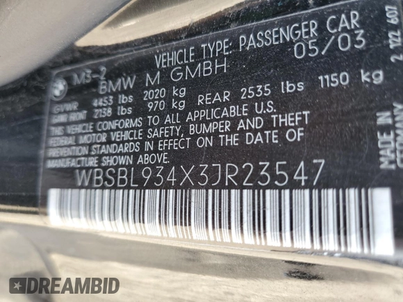 2003 BMW 3 Series M3 with VIN WBSBL934X3JR23547, listed as a Copart auction lot 79892484 with 117,165 mi miles and Salvage title. Bid and sale history available at DreamBid. Image 14.