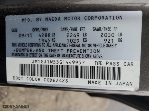 2016 Mazda Mazda6 i Grand Touring with VIN JM1GJ1W55G1449957, listed as a Copart auction lot 47546685 with 76,638 mi miles and Salvage Title. Bid and sale history available at carsss.com. Image 13.