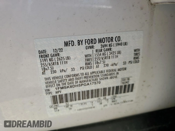 2023 Ford Explorer XLT с VIN 1FMSK8DH5PGA17570, выставлен на аукционе Copart как лот 52612995 с пробегом 36 089 миль миль и Чистый • Clean title. История ставок и продаж доступна на DreamBid. Изображение 13.