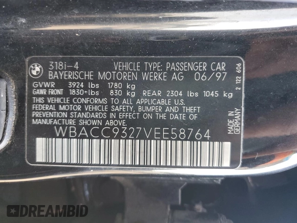 1997 BMW 3 Series 318i with VIN WBACC9327VEE58764, listed as a Copart auction lot 77671674 with 228,996 mi miles and Clean Title. Bid and sale history available at carsss.com. Image 12.