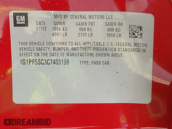 2012 Chevrolet Cruze 1LT with VIN 1G1PF5SC3C7403198, listed as a IAAI auction lot 42167856 with 103,245 mi miles and . Bid and sale history available at DreamBid. Image 9.