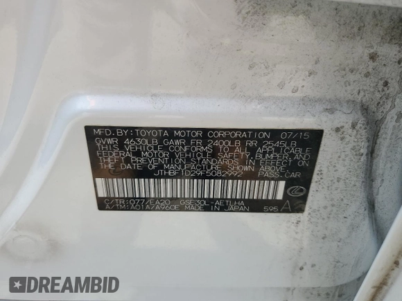 2015 Lexus IS 250 with VIN JTHBF1D29F5082992, listed as a Copart auction lot 60929335 with 34,283 mi miles and Salvage title. Bid and sale history available at DreamBid. Image 13.