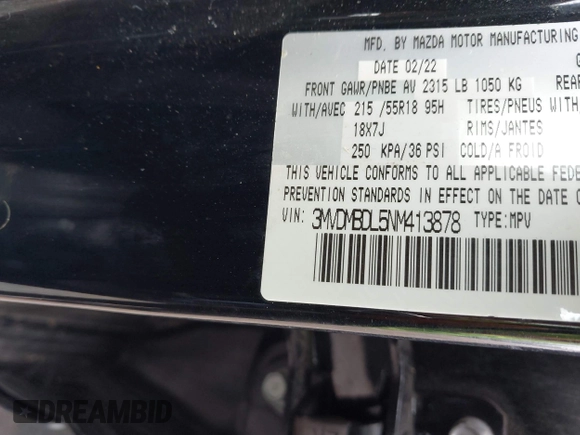 2022 Mazda CX-30 S Premium with VIN 3MVDMBDL5NM413878, listed as a IAAI auction lot 42189008 with 46,249 mi miles and . Bid and sale history available at DreamBid. Image 9.