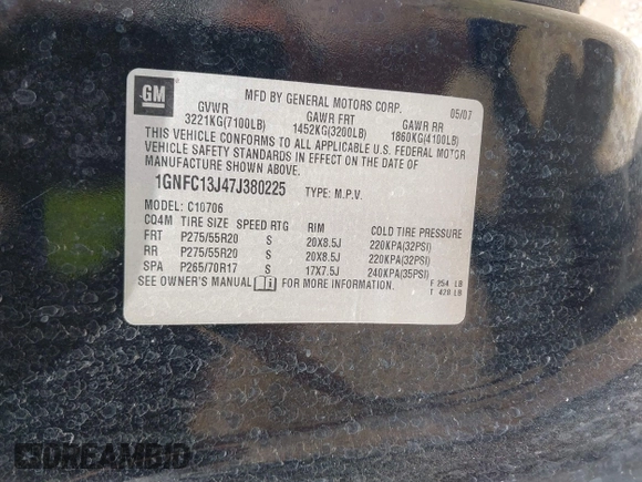 2007 Chevrolet Tahoe LT z VIN 1GNFC13J47J380225, wystawiony jako IAAI lot #42098510 z przebiegiem 248 352 mil mil oraz . Historia ofert i sprzedaży dostępna na DreamBid. Obrazek 9.