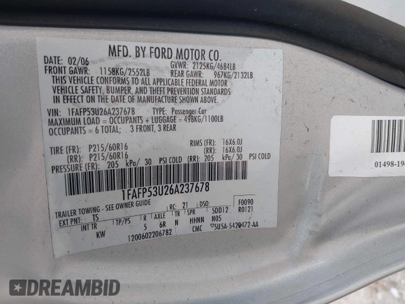 2006 Ford Taurus SE with VIN 1FAFP53U26A237678, listed as a IAAI auction lot 42172356 with 175,148 mi miles and . Bid and sale history available at DreamBid. Image 9.