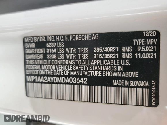 2021 Porsche Cayenne z VIN WP1AA2AY0MDA03642, wystawiony jako Copart lot #47849765 z przebiegiem 60 787 mil mil oraz Szkoda całkowita • Salvage title. Historia ofert i sprzedaży dostępna na DreamBid. Obrazek 13.