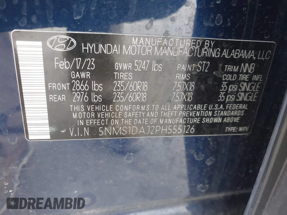 2023 Hyundai Santa Fe SE z VIN 5NMS1DAJ2PH555126, wystawiony jako IAAI lot #41992424 z przebiegiem 34 263 mil mil oraz . Historia ofert i sprzedaży dostępna na DreamBid. Obrazek 9.