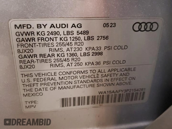2023 Audi Q5 Sportback S line Premium Plus with VIN WA15AAFY3P2154281, listed as a Copart auction lot 49456025 with 19,896 mi miles and Salvage title. Bid and sale history available at DreamBid. Image 14.