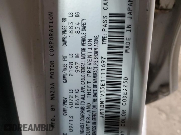 2014 Mazda 3 S Touring with VIN JM1BM1V35E1111697, listed as a Copart auction lot 43978665 with Not Provided miles and Non Repairable. Bid and sale history available at DreamBid. Image 12.