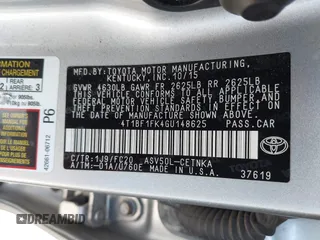 2016 Toyota Camry XLE with VIN 4T1BF1FK4GU148625, listed as a IAAI auction lot 41742421 with 88,582 mi miles. Bid and sale history available at carsss.com. Image 9.