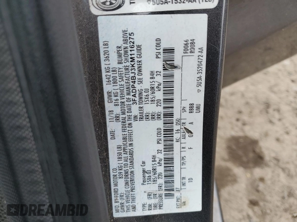 2019 Ford Fiesta SE with VIN 3FADP4BJ3KM116275, listed as a Copart auction lot 52121545 with 67,935 mi miles and Salvage Title. Bid and sale history available at carsss.com. Image 13.
