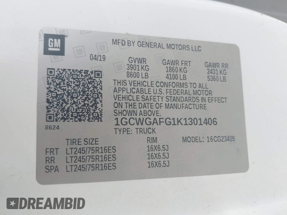 2019 Chevrolet Express Cargo Van with VIN 1GCWGAFG1K1301406, listed as a IAAI auction lot 41754424 with 156,602 mi miles. Bid and sale history available at carsss.com. Image 9.