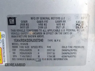 2017 GMC Acadia Limited z VIN 1GKKRSKD2HJ307240, wystawiony jako IAAI lot #42402371 z przebiegiem 197 483 mil mil oraz . Historia ofert i sprzedaży dostępna na DreamBid. Obrazek 9.