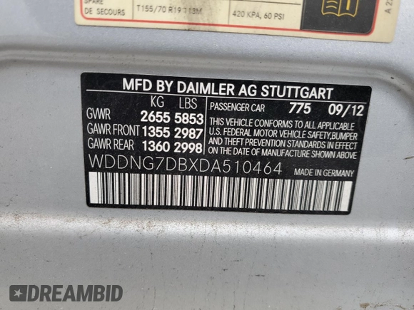 2013 Mercedes-Benz S S 550 with VIN WDDNG7DBXDA510464, listed as a Copart auction lot 44603075 with 97,629 mi miles and Salvage Title. Bid and sale history available at carsss.com. Image 12.