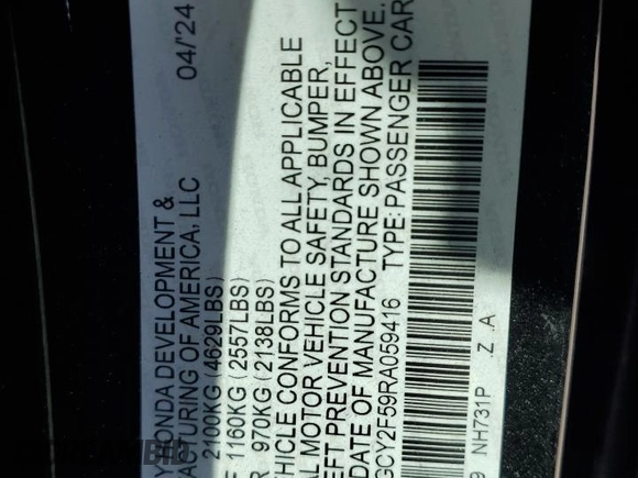 2024 Honda Accord Sport z VIN 1HGCY2F59RA059416, wystawiony jako Copart lot #57873285 z przebiegiem 13 617 mil mil oraz Szkoda całkowita • Salvage title. Historia ofert i sprzedaży dostępna na DreamBid. Obrazek 13.