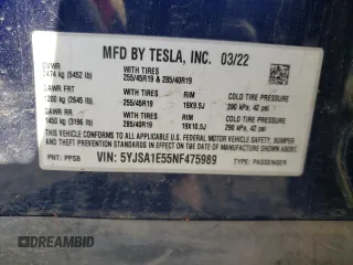 2022 Tesla Model S z VIN 5YJSA1E55NF475989, wystawiony jako Copart lot #88104975 z przebiegiem Nie podano mil oraz Szkoda całkowita • Salvage title. Historia ofert i sprzedaży dostępna na DreamBid. Obrazek 14.