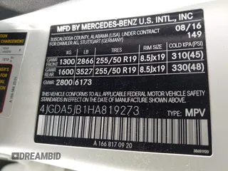 2017 Mercedes-Benz GLE 350 with VIN 4JGDA5JB1HA819273, listed as a IAAI auction lot 42211855 with 86,971 mi miles and . Bid and sale history available at DreamBid. Image 9.