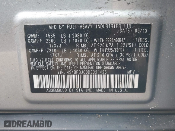 2013 Subaru Outback Limited с VIN 4S4BRBJC0D3321426, выставлен на аукционе IAAI как лот 41913786 с пробегом 168 199 миль миль и . История ставок и продаж доступна на DreamBid. Изображение 9.