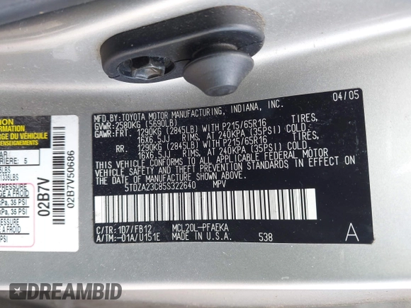 2005 Toyota Sienna CE with VIN 5TDZA23C85S322640, listed as a IAAI auction lot 42022461 with 294,074 mi miles. Bid and sale history available at carsss.com. Image 9.