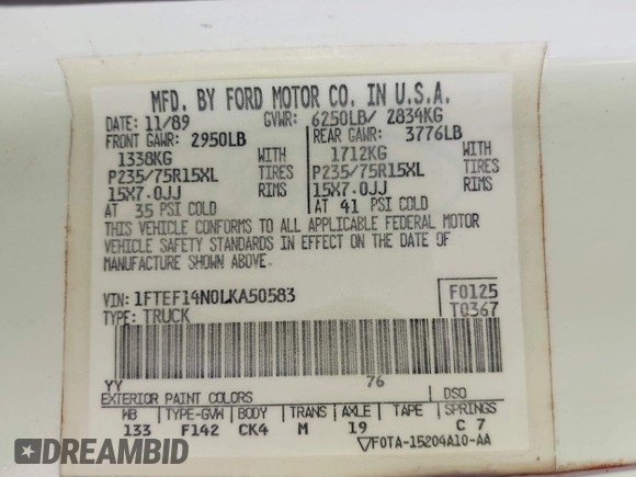1990 Ford F-150 with VIN 1FTEF14N0LKA50583, listed as a IAAI auction lot 41991153 with 75,504 mi miles and . Bid and sale history available at DreamBid. Image 9.