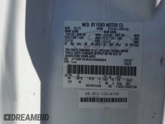 2012 Ford F-150 XL with VIN 1FTMF1EM3CKD82924, listed as a Copart auction lot 52034375 with 149,632 mi miles and Clean title. Bid and sale history available at DreamBid. Image 12.
