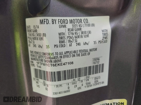 2014 Ford F-150 XL with VIN 1FTFW1CT6EKE47108, listed as a IAAI auction lot 42647142 with 73,827 mi miles and . Bid and sale history available at DreamBid. Image 9.