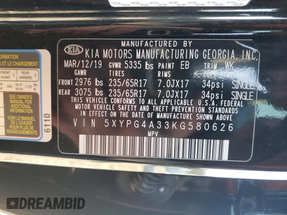 2019 Kia Sorento L with VIN 5XYPG4A33KG580626, listed as a Copart auction lot 44008935 with 95,071 mi miles and Salvage Title. Bid and sale history available at carsss.com. Image 15.