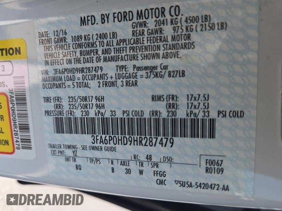 2017 Ford Fusion SE with VIN 3FA6P0HD9HR287479, listed as a IAAI auction lot 42792225 with 79,240 mi miles and . Bid and sale history available at DreamBid. Image 18.