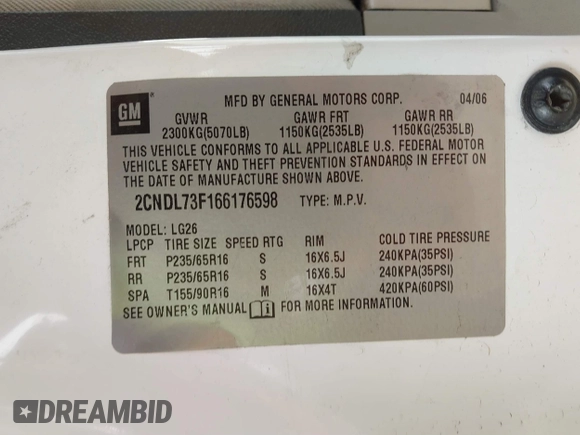 2006 Chevrolet Equinox LT with VIN 2CNDL73F166176598, listed as a IAAI auction lot 41897013 with 81,040 mi miles. Bid and sale history available at carsss.com. Image 9.