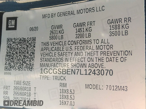 2020 Chevrolet Colorado 2WD Work Truck with VIN 1GCGSBEN7L1243070, listed as a IAAI auction lot 41890656 with 40,711 mi miles. Bid and sale history available at carsss.com. Image 9.