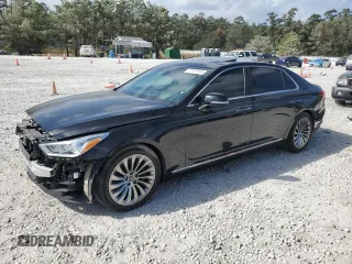 2018 Genesis G90 5.0L Ultimate with VIN KMHG54JH1JU043991, listed as a Copart auction lot 77817624 with 79,313 mi miles and Salvage Title. Bid and sale history available at carsss.com. Image 1.