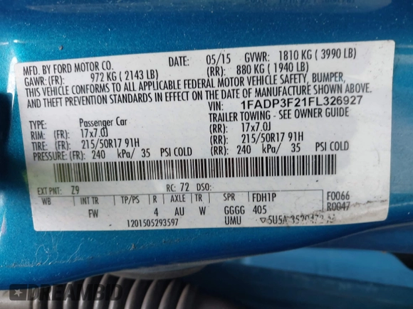 2015 Ford Focus SE with VIN 1FADP3F21FL326927, listed as a IAAI auction lot 42628577 with 112,199 mi miles and . Bid and sale history available at DreamBid. Image 9.