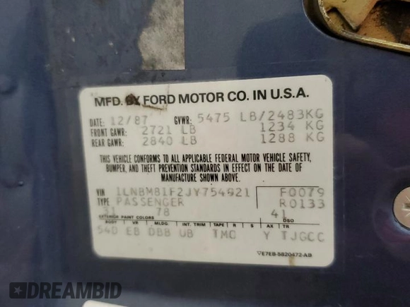 1988 Lincoln Town Car z VIN 1LNBM81F2JY754921, wystawiony jako Copart lot #76236564 z przebiegiem 593 215 mil mil oraz Szkoda całkowita • Salvage title. Historia ofert i sprzedaży dostępna na DreamBid. Obrazek 12.