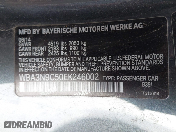 2014 BMW 4 Series 428i xDrive with VIN WBA3N9C50EK246002, listed as a IAAI auction lot 41612256 with 100,915 mi miles and . Bid and sale history available at carsss.com. Image 9.