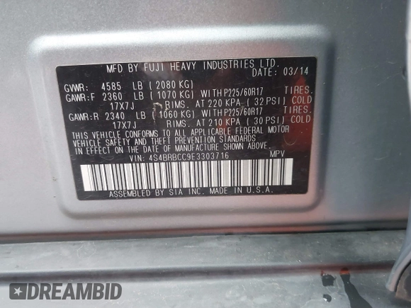 2014 Subaru Outback Premium with VIN 4S4BRBCC9E3303716, listed as a IAAI auction lot 40898764 with 191,324 mi miles and . Bid and sale history available at DreamBid. Image 9.