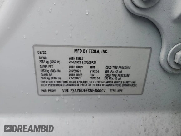 2022 Tesla Model Y Performance with VIN 7SAYGDEFXNF455517, listed as a Copart auction lot 44147905 with 32,210 mi miles and Salvage title. Bid and sale history available at DreamBid. Image 13.