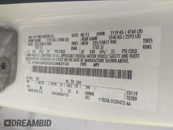 2014 Ford Escape SE with VIN 1FMCU9GX2EUA62133, listed as a IAAI auction lot 42342688 with Not provided miles and . Bid and sale history available at DreamBid. Image 9.