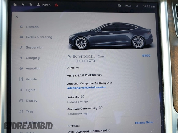 2017 Tesla Model S 100D with VIN 5YJSA1E27HF202563, listed as a IAAI auction lot 42460702 with 71,715 mi miles and . Bid and sale history available at DreamBid. Image 7.